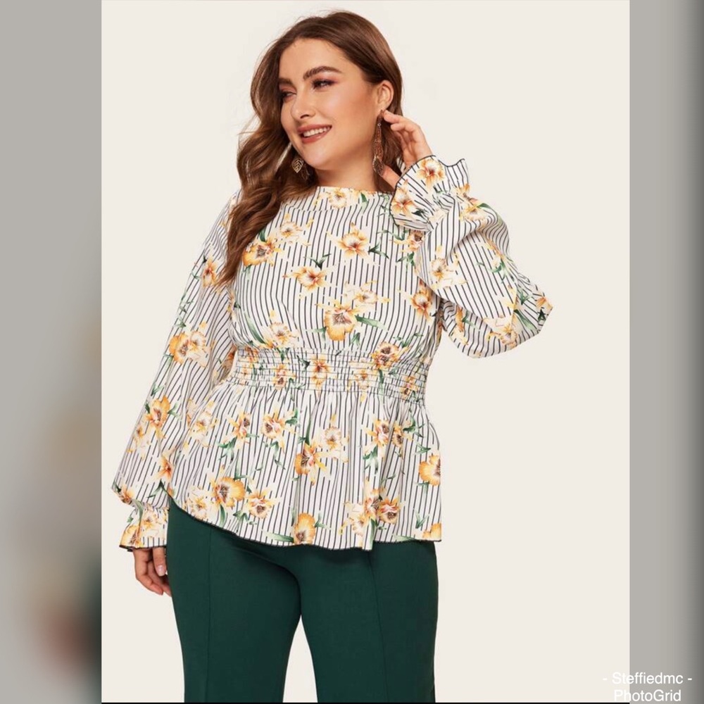 SHEIN Pinstripe & Botanical Print Blouse